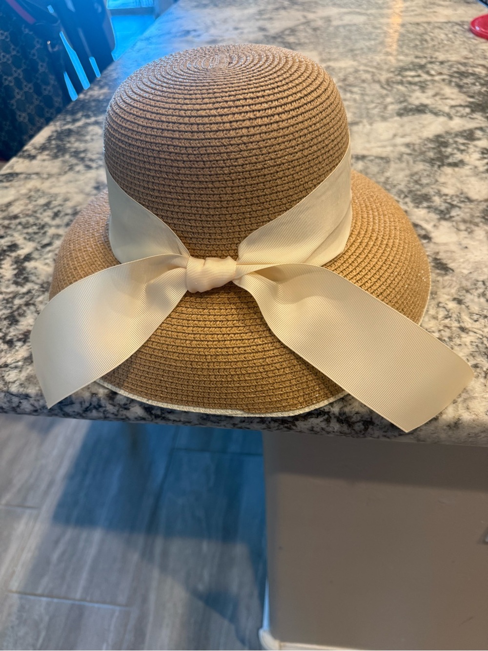 Surell Tan Straw European Hat with Cream Ribbon Bow